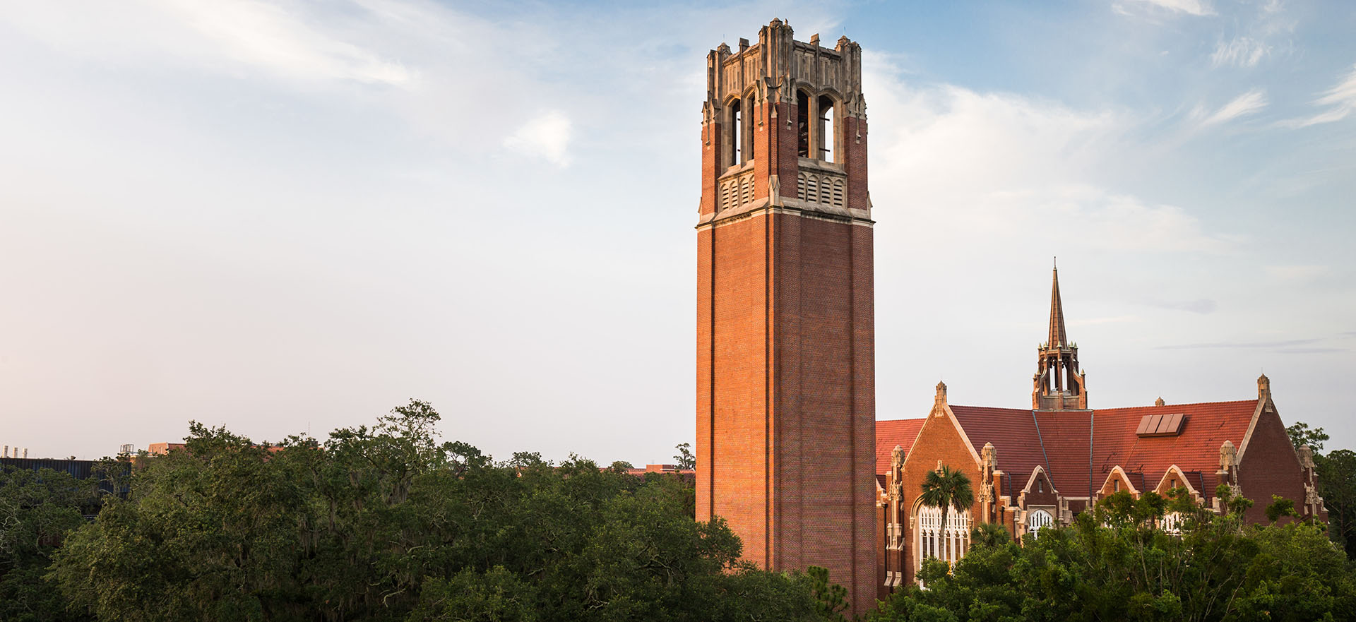 An evening view of UF's Century Tower and University Auditorium.